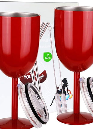 AMZUShome Stainless Steel Wine Glasses(2 Pack).Double Walled Vacuum Insulated Wine Tumbler Cups With Lid and Straw.Friendship,Christmas,Birthday Gifts for Women Men Friends Dad Mom(10oz Red)