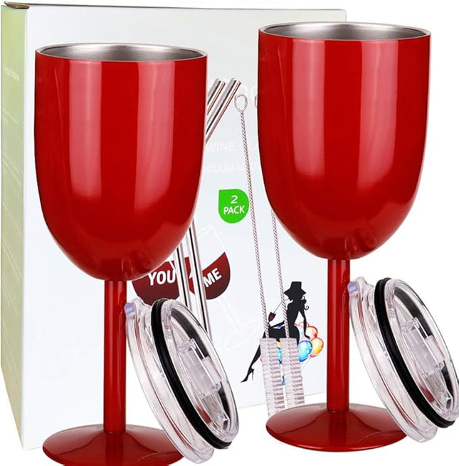 AMZUShome Stainless Steel Wine Glasses(2 Pack).Double Walled Vacuum Insulated Wine Tumbler Cups With Lid and Straw.Friendship,Christmas,Birthday Gifts for Women Men Friends Dad Mom(10oz Red)