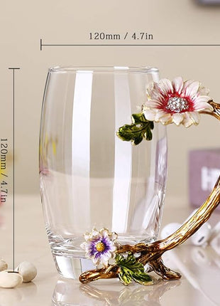 Enamel Sunflower Crystal Lead-Free Glass Tea Cup with Spoon Set, Present for The Christmas, Valentine's Day.Best Present for Mother, Grandma, Girlfriend, Sister.