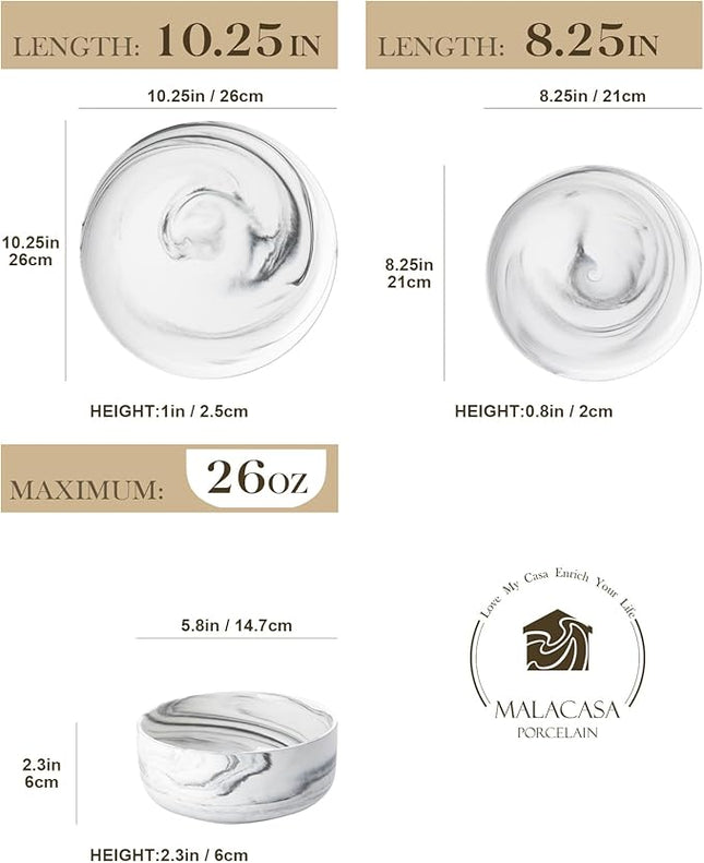 MALACASA Plates and Bowls Sets, 12 Pieces Porcelain Dinnerware Sets Dishware Sets Chip Resistant Ceramic Dish Set Dining Dinner Ware Service for 4, Marble Grey, Series LUNA