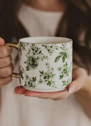 Sweet Water Decor Green Delft Coffee Mug, Vintage Green Floral Design with Gold Handle & Rim, 14oz Fine Bone China Tea Cup, Cute Gifts for Mother's Day, Baby Shower, Christmas & Mom's Birthday