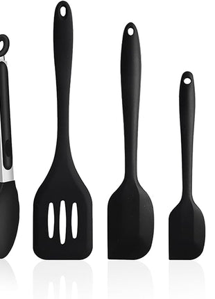 NileHome 4 Pack Silicone Spatula and Grilling Tongs Kitchen Utensils with Silicone Brush Heat Resistant BPA-free Rubber Spatula for Scraping, Baking, Cooking, Mixing-Black