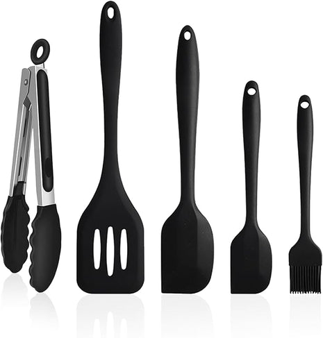 NileHome 4 Pack Silicone Spatula and Grilling Tongs Kitchen Utensils with Silicone Brush Heat Resistant BPA-free Rubber Spatula for Scraping, Baking, Cooking, Mixing-Black