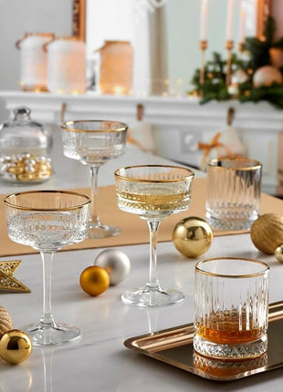 Pasabahce Vintage Golden Touch Coupe Glasses Set Of 4 - Exclusive Champagne, Cocktail, Martini, Wine Glasses - Long Stem Glassware - 8.8 oz - Perfect for Parties, Gifts, Housewarming, Weddings