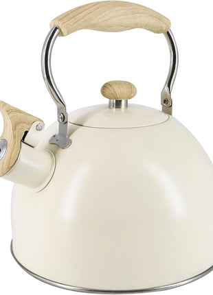 Lily's Home Whistling Tea Kettle, Teapot for Stovetop, Pleasant Whistle Sound, Heat Resistant Plastic Handle - Faux Wood Finish, Non Toxic Stove Kettle for Boiling Water - 2.5 Quarts (Cream)