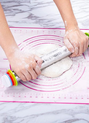 Rolling Pin and Pastry Baking Mat Set, Rolling Pins with Adjustable Thickness Rings, Stainless Steel Dough Roller for Baking Fondant, Pizza, Pie, Pastry, Pasta, Cookies (Purple)