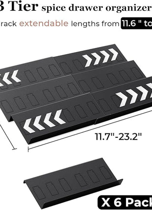 Famhap 6 Pack Spice Drawer Organizer with Labels and 36 Plastic Jars, Expandable from 11.7" to 23.2" Seasoning Rack Tray Insert for Kitchen Drawers, Spice Rack Drawer for Spice Jars