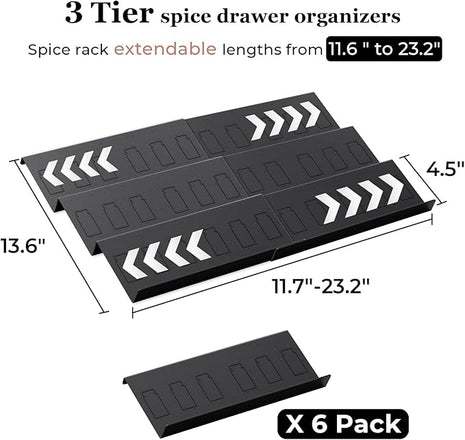Famhap 6 Pack Spice Drawer Organizer with Labels and 36 Plastic Jars, Expandable from 11.7" to 23.2" Seasoning Rack Tray Insert for Kitchen Drawers, Spice Rack Drawer for Spice Jars