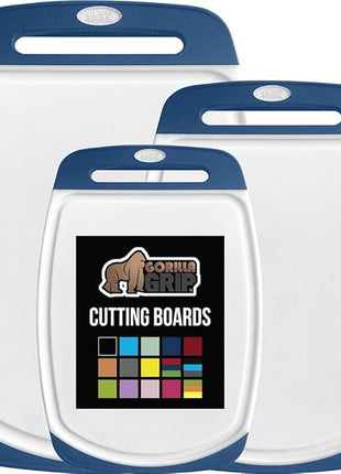 GORILLA GRIP BPA-Free Reversible Kitchen Cutting Board Set of 3, US Designed, Nonporous, Juice Grooves Catch Liquid, Slip Resistant Border, Dishwasher Safe, Durable Large Food Chopping Boards, Blue