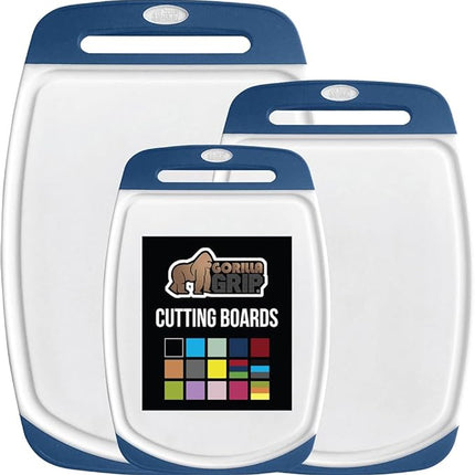 GORILLA GRIP BPA-Free Reversible Kitchen Cutting Board Set of 3, US Designed, Nonporous, Juice Grooves Catch Liquid, Slip Resistant Border, Dishwasher Safe, Durable Large Food Chopping Boards, Blue