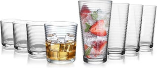 Glaver's Drinking Glasses Set of 12. Everyday Drinking Glasses. Mixed Drinkware Sets 6-17 oz Tall Kitchen Glass Cups, and 6-13 Oz Rocks Glasses. Ribbed Glassware Sets for Cocktail Beer Juice Water.