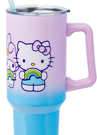 Silver Buffalo Sanrio Hello Kitty and Friends Featuring My Melody, Kuromi, and Pompompurin Rainbow Ombre Stainless Steel Tumbler with Handle and Straw, Fits in Standard Cup Holder, 40 Ounces