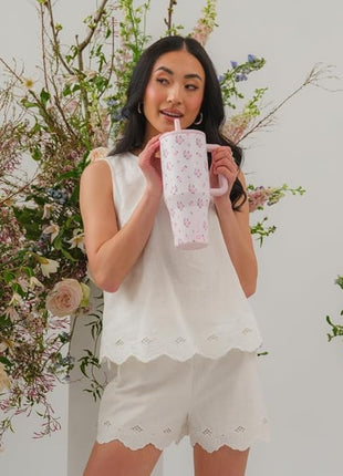 HydroJug Traveler - 40 oz Water Bottle with Handle & Flip Straw - Fits in Cup Holder, Leak Resistant Tumbler-Reusable Insulated Stainless Steel & Rubber Base - Gifts for Women & Men, Wildrose