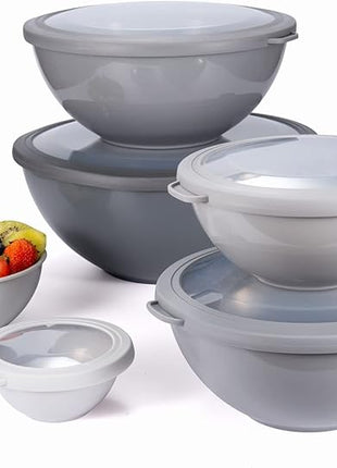 COOK WITH COLOR Mixing Bowls Set with TPR Lids - 12 Piece Plastic Nesting Bowls Set includes 6 Prep Bowls and 6 Lids, Microwave Safe (Grey)