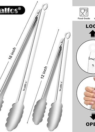 Tong for cooking, Walfos kitchen tongs set of 2 - Heat Resistant 600℉, Heavy Duty Locking Metal cooking Tongs, Stainless Steel BBQ Grilling,(All Metal 12in+16in)