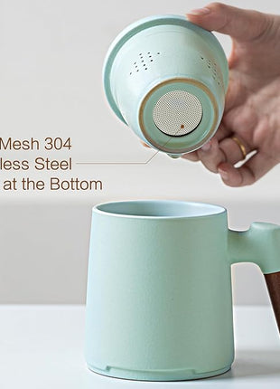 ZENS Tea Cup with Infuser and Lid for Loose Leaf Steeping, 16.9oz Embossed Ceramic Tea Infuser Mug, Wood Handle Tea Diffuser, Great Gift