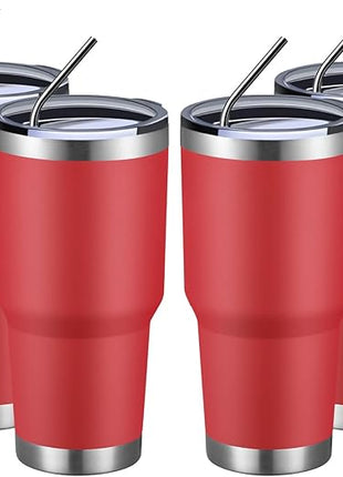 MEWAY 30oz Insulated Tumbler With Lids and Straws,Stainless Steel Double Vacuum Coffee Tumbler Cup, Brush, Durable Powder Coated Coffee Cup for Cold & Hot Drinks, Office, Travel(Coral red,4 PACK)