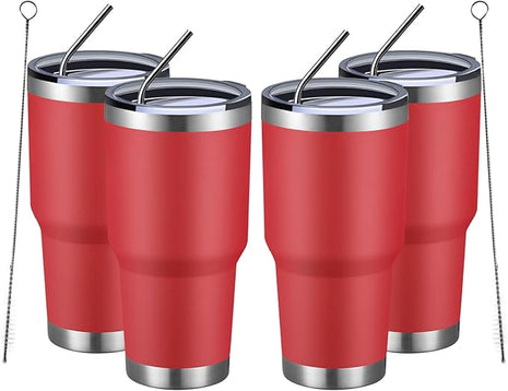 MEWAY 30oz Insulated Tumbler With Lids and Straws,Stainless Steel Double Vacuum Coffee Tumbler Cup, Brush, Durable Powder Coated Coffee Cup for Cold & Hot Drinks, Office, Travel(Coral red,4 PACK)