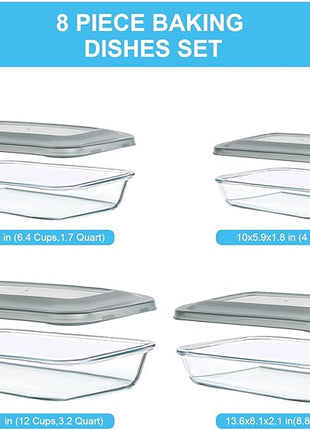 KOMUEE 8 Pieces Glass Baking Dish with Lids Rectangular Glass Baking Pan Bakeware Set with Lids, Baking Pans for Lasagna, Leftovers, Cooking, Kitchen, Fridge-to-Oven, Gray