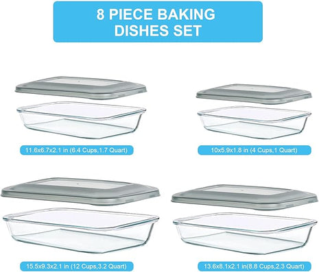 KOMUEE 8 Pieces Glass Baking Dish with Lids Rectangular Glass Baking Pan Bakeware Set with Lids, Baking Pans for Lasagna, Leftovers, Cooking, Kitchen, Fridge-to-Oven, Gray