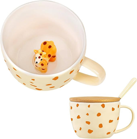 Giraffe Mug Cute Coffee Mug with 3D Animal Inside Ceramic Tea Cup with Lid Spoon Cool Animal Stuff Unique Friendship Birthday Gifts for Women Men Friend Coworkers Sister Kids Giraffe Christmas Gifts