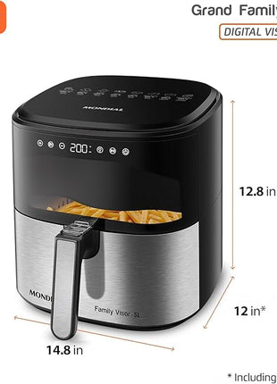 Mondial - Air Fryer Digital Visor Inox 5.3QT Capacity - High Power & Elegant Stainless Steel Finish - Black & Inox
