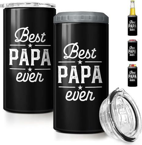 SANDJEST 4-in-1 Dad Tumbler Gifts for Dad from Daughter Son - 12oz Best Papa Ever Can Cooler Tumblers Cup - Stainless Steel Insulated Cans Coozie Christmas, Birthday, Father's Day Gift