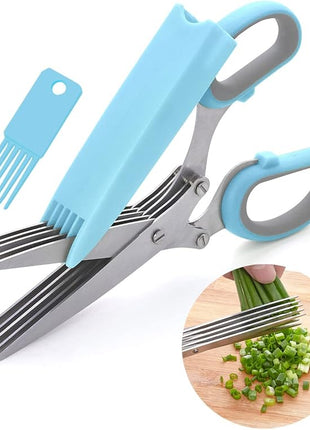LHS Herb Scissors, Multipurpose 5 Blade Kitchen Herb Shears with Safety Cover, Kitchen Scissors for Chopping Basil Chive Parsley -Blue