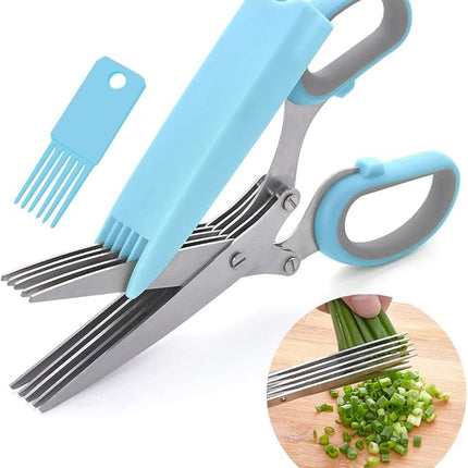 LHS Herb Scissors, Multipurpose 5 Blade Kitchen Herb Shears with Safety Cover, Kitchen Scissors for Chopping Basil Chive Parsley -Blue