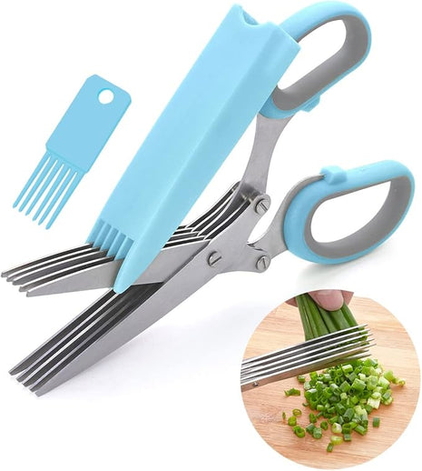 LHS Herb Scissors, Multipurpose 5 Blade Kitchen Herb Shears with Safety Cover, Kitchen Scissors for Chopping Basil Chive Parsley -Blue