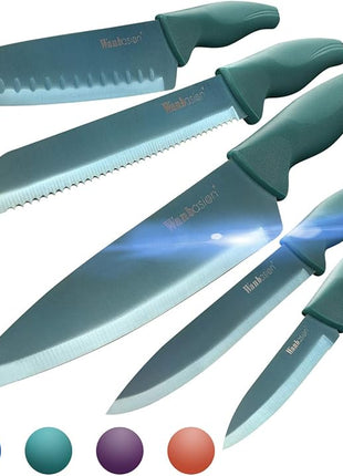 Wanbasion Green Professional Kitchen Knife Set, Stainless Steel, Dishwasher Safe with Sheathes