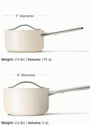 Caraway Nonstick Ceramic Sauce Pans with Lids (3 qt & 1.75 qt) - Non Toxic, PTFE & PFOA Free - Oven Safe & Compatible with All Stovetops (Gas, Electric & Induction) - Cream