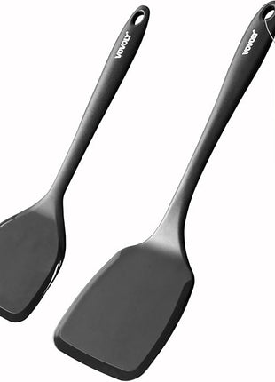 Silicone Spatula Set, 600°F Heat Resistant Silicone Spatula Turner Flipper for Cooking, Non Stick and Non Scratch Kitchen Utensils for Eggs, Burgers, Crepes, 2-Pack Solid Spatulas Set, Black