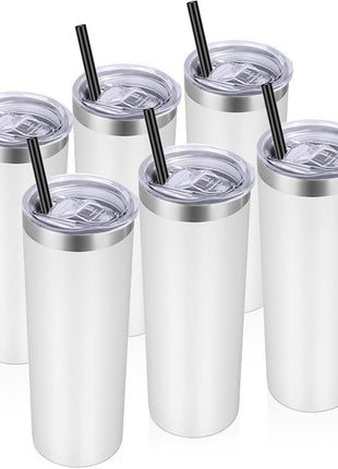VEGOND Stainless Steel Tumblers Bulk 6 Pack, 20 oz Vacuum Insulated Skinny Tumblers with Lid and Straw, Double Wall Coffee Mug, Travel Water Cup, White