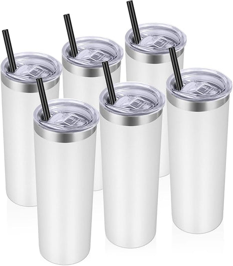 VEGOND Stainless Steel Tumblers Bulk 6 Pack, 20 oz Vacuum Insulated Skinny Tumblers with Lid and Straw, Double Wall Coffee Mug, Travel Water Cup, White