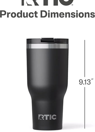 RTIC 40oz Essential Tumbler with Lid, Ceramic Lined, Insulated, Stainless Steel, Metal, Double Wall Vacuum-Insulation, Travel Cup for Iced Coffee, Tea, Hot and Cold Drink, Black