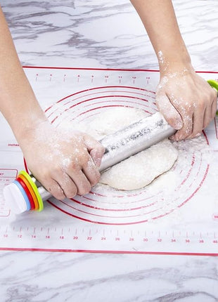 Rolling Pin and Pastry Baking Mat Set, Rolling Pins with Adjustable Thickness Rings, Stainless Steel Dough Roller for Baking Fondant, Pizza, Pie, Pastry, Pasta, Cookies (Red Mat)