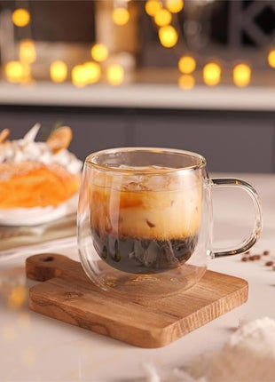 CNGLASS 10oz Double Walled Glass Coffee Mugs(2-pack),Clear Coffee Cups with Handle,Glass Espresso Mugs for Latte,Cappuccino,Tea