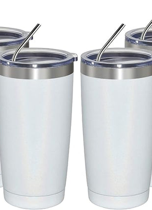 MEWAY 20oz Tumbler 4 Pack Double Wall Vacuum Insulated Travel Glitter Mug Bulk, Stainless Steel Tumblers with Lid and Straw, Powder Coated Coffee Cups for Woman(Rainbow White,Set of 4)