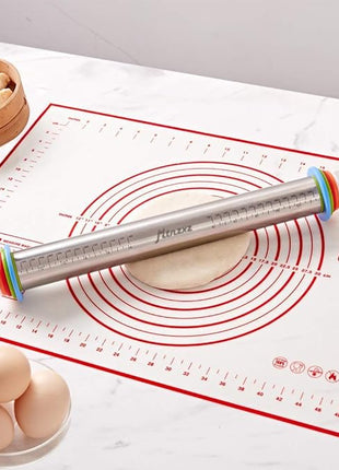 Rolling Pin and Silicone Baking Pastry Mat Set, Stainless Steel Dough Roller, Rolling Pins with Adjustable Thickness Rings, for Baking Fondant, Pizza, Pie, Pastries, Pasta, Cookies