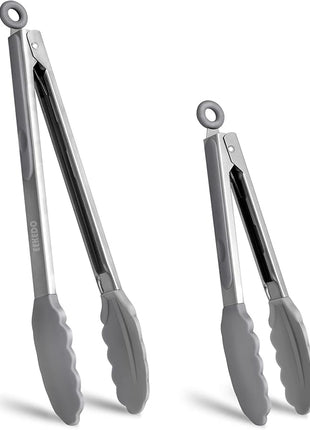 Kitchen Tongs, Stainless Steel Silicone Tongs for Cooking 600ºF High Heat-Resistant BBQ Grilling Locking Tongs, Set of 2-9" and 12" Light Grey