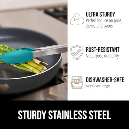 GORILLA GRIP Stainless Steel Heat Resistant Kitchen Tongs for Cooking, 9 + 12 Inch, Set of 2 BBQ Tong, Non Scratch Silicone Tip for Pan, Strong Grip, Grab Food, Salad, Air Fryer, Pull Lock, Turquoise