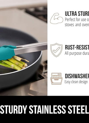 GORILLA GRIP Stainless Steel Heat Resistant Kitchen Tongs for Cooking, Set of 2 BBQ Tong, Non Scratch Silicone Tip for Pans, Strong Grip, Grab Food, Salad, Air Fryer, Pull Lock, 7 + 9 Inch, Turquoise