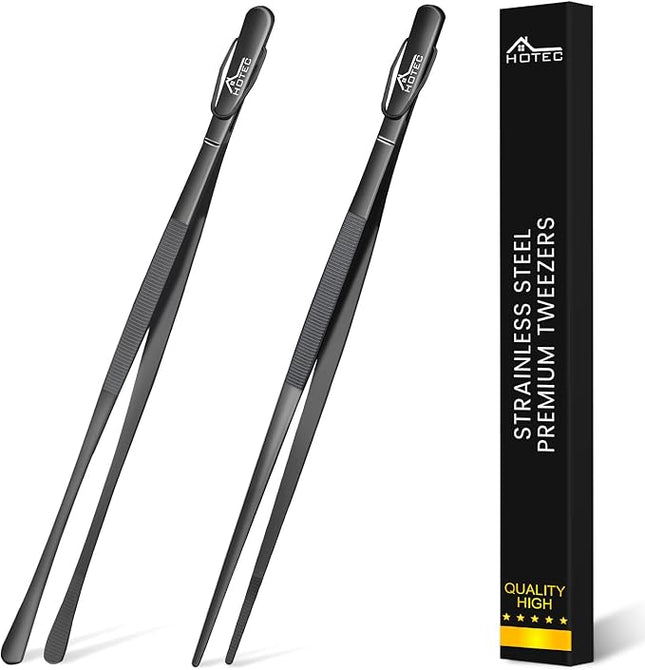 HOTEC Kitchen Tweezers Tongs Stainless Steel Professional Chef Tweezers, Set of 2-12inch Extra-Long Food Tongs for Cooking,Grill and Baking