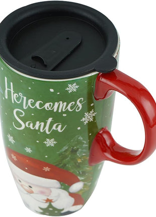 Topadorn Christmas Ceramic Mug Coffee Cup with Sealed Lid and Gift Box Latte Mug, 17oz. Here Comes Santa Claus