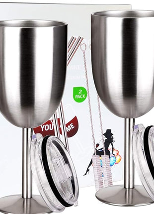 Stainless Steel Wine Glasses(2 Pack).Double Walled Vacuum Insulated Wine Tumbler Cups With Lid and Straw.Friendship,Christmas,Birthday Gifts for Women Men Friends Dad Mom(10oz Stainless steel)