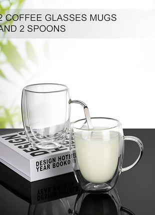 LIBWYS 2 Pack Double Walled Coffee Cups Glasses Mugs, 12oz Espresso Cappuccino Latte Tea Cups with Handle, Heat Resistant Borosilicate Clear Glasses 350ml