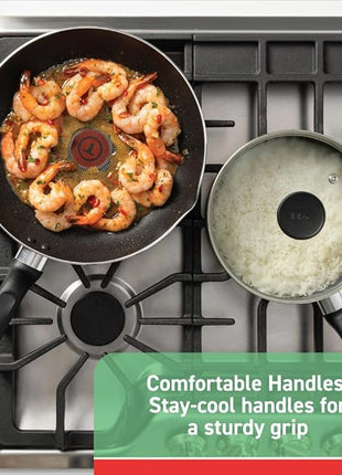 T-fal Initiatives Nonstick Cookware Set 18 Piece, Oven Broiler Safe 350F, Kitchen Cooking Set w/Fry Pans, Saucepans, Stockpots, Skillet, Spoons, Lids Pots and Pans Set Non Stick Dishwasher Safe Black