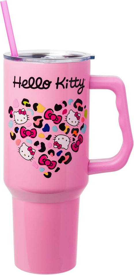 Silver Buffalo Sanrio Hello Kitty Leopard Jungle Cat Print and Bows Heart Stainless Steel Tumbler with Handle and Straw, Fits in Standard Cup Holder, 40 Ounces