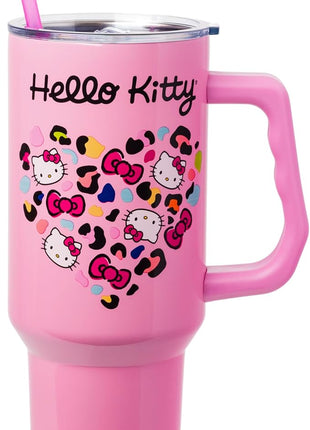Silver Buffalo Sanrio Hello Kitty Leopard Jungle Cat Print and Bows Heart Stainless Steel Tumbler with Handle and Straw, Fits in Standard Cup Holder, 40 Ounces (Pack of 12)